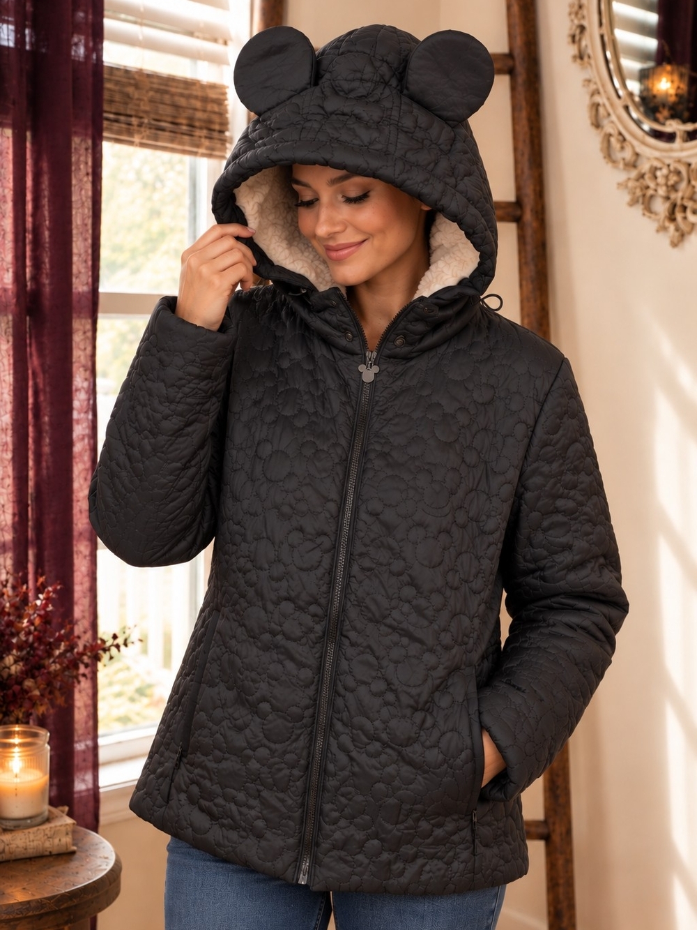 Disney Mickey Mouse Quilted Puffer Jacket Hooded Sherpa Black